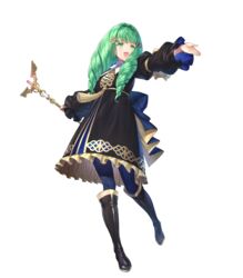  black_dress black_footwear blue_pantyhose boots bow caduceus_staff_(fire_emblem) detached_sleeves dress female fire_emblem fire_emblem:_three_houses fire_emblem_heroes flayn_(fire_emblem) frills full_body gold_trim green_eyes green_hair hair_ornament hand_up hands_up highres holding knee_boots kousei_horiguchi long_hair long_sleeves looking_at_viewer looking_away non-web_source official_art open_mouth pantyhose school_uniform smile solo staff transparent_background turtleneck 