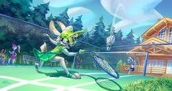  3_toes action_pose badminton barefoot better_version_at_source clothing feet female footwear group hi_res holivi lagomorph leporid mammal outside pawpads pink_pawpads pose rabbit racket siroc soles sport toeless_footwear toes 