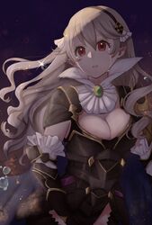  breasts cleavage collar corrin_(female)_(fire_emblem) corrin_(female)_(nohr_noble)_(fire_emblem) corrin_(fire_emblem) crying crying_with_eyes_open female fire_emblem fire_emblem_fates frills gem hairband highres jewelry large_breasts otokajife protected_link red_eyes tears white_hair 