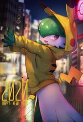  2020 animal_ears animal_hood arms_up blurry blurry_background blush blush_stickers chinese_zodiac colored_skin commentary cosplay drawstring english_text fake_animal_ears fake_tail female from_side gardevoir glowing green_hair green_skin hair_over_one_eye happy happy_new_year highres hood hoodie kashu_(hizake) looking_to_the_side multicolored_skin new_year night open_mouth outdoors outstretched_arm pikachu pikachu_(cosplay) pikachu_tail poke_ball_symbol poke_ball_theme pokemon pokemon_(creature) pokemon_center pokemon_tail red_eyes short_hair smile solo standing sweater symbol-only_commentary tail two-tone_skin white_skin year_of_the_rat yellow_sweater 