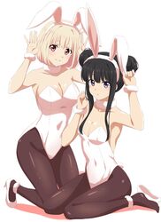  2girls :o alternate_hairstyle animal_ears animal_print arm_up armpit_crease armpits arms_up black_hair black_pantyhose blonde_hair blush bob_cut breasts brown_eyes chinese_zodiac cleavage covered_navel covered_nipples dars_(recolors) double_bun fluffy hair_bun high_heels highres inoue_takina large_breasts leotard lycoris_recoil medium_breasts multiple_girls navel nishikigi_chisato on_floor pantyhose playboy_bunny purple_eyes rabbit rabbit_ears rabbit_print rabbit_tail sitting smile tail white_background white_footwear white_leotard white_rabbit_(animal) year_of_the_rabbit 