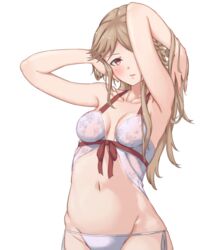  armpits arms_up babydoll bad_id bad_pixiv_id blush breasts brown_eyes brown_hair commentary female hair_down highres idolmaster idolmaster_million_live! loeldrive long_hair looking_at_viewer medium_breasts navel panties parted_bangs parted_lips ribbon simple_background solo tenkubashi_tomoka underwear underwear_only white_babydoll white_background white_panties 