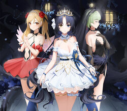  3girls angel_wings azur_lane ballerina ballet bare_shoulders black_dress black_gloves black_hair blonde_hair blue_eyes breasts bridal_garter choker cleavage closed_eyes collarbone covered_navel criss-cross_halter crown detached_sleeves dress elbow_gloves fake_wings flower giuseppe_garibaldi_(azur_lane) giuseppe_garibaldi_(noble_ivory_plumes)_(azur_lane) gloves green_hair hair_flower hair_ornament halterneck hand_on_own_chest heterochromia highres large_breasts legs_together leonardo_da_vinci_(azur_lane) leonardo_da_vinci_(riverside_pirouette)_(azur_lane) long_hair looking_at_viewer multiple_girls navel official_alternate_costume orange_eyes own_hands_together pink_wings puffy_short_sleeves puffy_sleeves qing_wu red_dress roma_(azur_lane) roma_(white_heron_of_darkest_night)_(azur_lane) rose short_hair short_sleeves small_breasts stage standing stomach tiara tutu twintails veil very_long_hair white_dress wings yellow_eyes 