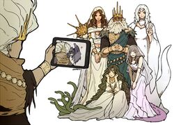  3boys 4girls beard breasts brown_hair cleavage_cutout clothing_cutout commentary_request company_captain_yorshka crown dark_souls_(series) dark_souls_i dark_souls_iii dark_sun_gwyndolin donar0217 dragon dragon_girl dragon_on_shoulder dragon_tail facial_hair family feathered_dragon filianore_(dark_souls) full_body gwyn_lord_of_sunlight height_difference interlocked_fingers king_of_the_storm korean_commentary large_breasts meme mini_dragon multiple_boys multiple_girls nameless_king priscilla_the_crossbreed queen_of_sunlight_gwynevere selfie selfie_prank_(meme) simple_background snake tablet_pc tail tall_female v veil white_background white_hair 