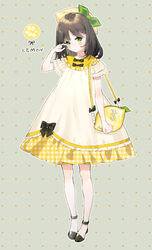  ankle_strap bag beige_background black_bow black_footwear black_hair bow bowtie clenched_hand commentary_request crying dress female food food-themed_bag food-themed_hat frilled_dress frilled_sleeves frills fruit full_body green_bow green_eyes hat hat_bow highres lemon lolita_fashion long_hair original outline plaid polka_dot shoes short_sleeves shoulder_bag solo standing tears tent_dress trapeze_dress white_outline wiping_tears yellow_dress yellow_hat yuzhi 