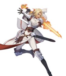  arm_guards armor belt blonde_hair blue_eyes boobplate boots breastplate breasts catherine_(fire_emblem) closed_mouth dark-skinned_female dark_skin female fire_emblem fire_emblem:_three_houses fire_emblem_heroes full_body gloves highres holding holding_sword holding_weapon knee_pads leg_up lips long_hair long_sleeves looking_at_viewer looking_away non-web_source official_art open_mouth p-nekor pants parted_bangs puffy_sleeves shoulder_armor solo sword thunderbrand transparent_background weapon white_pants 