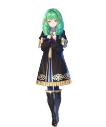  black_dress black_footwear boots bow clenched_hands closed_mouth detached_sleeves dress female fire_emblem fire_emblem:_three_houses fire_emblem_heroes flayn_(fire_emblem) frills full_body gold_trim green_eyes green_hair hair_ornament hands_up highres knee_boots kousei_horiguchi long_hair long_sleeves looking_at_viewer non-web_source official_art pantyhose school_uniform shiny_clothes smile solo transparent_background turtleneck 