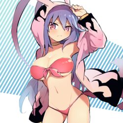  bikini blue_hair breasts choker closed_mouth collarbone disgaea disgaea_d2 disgaea_rpg female genderswap_(mtf) hair_between_eyes hood hoodie laharl laharl-chan long_hair looking_at_viewer miyashirorin pink_eyes red_bikini rule_63 solo swimsuit 