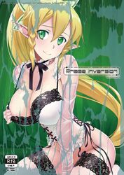  akutagawa_manbou between_legs black_ribbon blonde_hair bottomless breasts choker cleavage collarbone detached_sleeves elf female green_background green_eyes hair_between_eyes hand_between_legs head_tilt kneeling large_breasts leafa long_hair long_pointy_ears looking_at_viewer neck_ribbon pointy_ears ribbon solo sword_art_online thighhighs very_long_hair wet_sleeves white_bustier white_choker white_sleeves white_thighhighs 