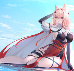  absurdres animal_ear_fluff animal_ears arknights arm_behind_head black_gloves breasts cape cleavage commentary elbow_gloves female gloves hair_ornament highres large_breasts long_hair lycoris-fullbloom pink_eyes pink_hair pozyomka_(arknights) red_skirt short_sleeves sitting skirt solo thigh_strap very_long_hair wolf_ears wolf_girl 