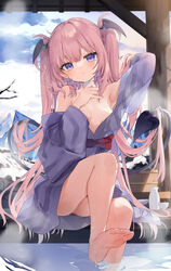  alcohol armpits ashiyu bare_shoulders barefoot bat_wings bath_yukata blush bottle breasts cloud cloudy_sky cup demon_girl demon_tail drink feet female foot_bath hand_in_own_hair head_wings highres holding holding_cup holding_drink japanese_clothes kedama_milk kimono leg_up legs long_hair looking_at_viewer off_shoulder onsen original pink_hair pointy_ears purple_eyes sake sake_bottle sakyumama_(kedama_milk) sitting sky small_breasts soaking_feet soles solo steam tail toes twintails water wet wings yukata 