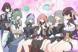  1boy 6+girls ahoge animal_ears bell black_gloves breasts brown_eyes brown_hair can cirrus_(honkai:_star_rail) closed_eyes fox_ears fox_girl fox_tail gloves green_hair grey_eyes grey_hair guinaifen_(honkai:_star_rail) hair_bell hair_ornament hanya_(honkai:_star_rail) hat heart highres holding holding_can honkai:_star_rail honkai_(series) huohuo_(honkai:_star_rail) jingle_bell multiple_girls orange_eyes orange_hair possessed sitting sitting_on_lap sitting_on_person stelle_(honkai:_star_rail) sushang_(honkai:_star_rail) tail tail_(honkai:_star_rail) tassel trailblazer_(honkai:_star_rail) xueyi_(honkai:_star_rail) yellow_eyes yin_yang yumegiwa_(skgl_thx) 