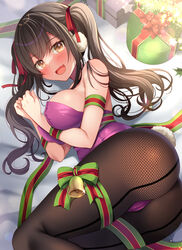  :d ass bare_arms black_hair black_pantyhose blush bound bound_arms breasts brown_eyes christmas christmas_present commentary_request earmuffs female gift hair_ribbon highres large_breasts leotard long_hair looking_at_viewer lying mori_airi oerba_yun_fang on_side open_mouth original pantyhose playboy_bunny purple_leotard ribbon smile solo thighs twintails 