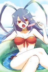  bikini blue_hair breasts choker collarbone disgaea disgaea_d2 female food genderswap_(mtf) hair_between_eyes highres holding holding_food holding_popsicle innertube laharl laharl-chan long_hair looking_at_viewer open_mouth pani_(aperitif) pointy_ears popsicle red_bikini red_eyes rule_63 solo swim_ring swimsuit 