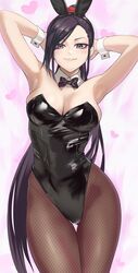  :3 armpits arms_behind_head arms_up bare_shoulders black_leotard bow bowtie breasts closed_mouth commentary_request contrapposto detached_collar dot_nose dragon_quest dragon_quest_xi female fishnet_pantyhose fishnets forehead heart high_ponytail highleg highleg_leotard highres kugiseiichi large_breasts leotard long_hair looking_at_viewer martina_(dq11) official_alternate_costume pantyhose parted_bangs playboy_bunny purple_bow purple_bowtie purple_eyes purple_hair shiny_clothes solo thigh_gap thighs v-shaped_eyebrows white_background wrist_cuffs 