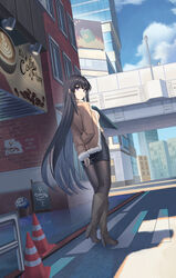  absurdres angel_no_shousou arms_behind_back billboard black_hair black_pantyhose black_skirt blue_sky breasts brown_jacket crosswalk day female from_behind hair_ornament hairclip highres jacket kneepits long_hair long_sleeves looking_at_viewer looking_back outdoors pantyhose pencil_skirt plant potted_plant road sakurajima_mai seishun_buta_yarou shadow skirt sky solo street traffic_cone 