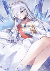  absurdres anastasia_(fate) asymmetrical_bangs black_choker blue_eyes blush breasts cape choker cleavage cleavage_cutout clothing_cutout commentary dress embarrassed fate/grand_order fate_(series) female grey_hair hair_over_one_eye hairband highres ice jewelry lace lace_choker large_breasts long_dress long_hair misaki346 open_mouth pendant solo strapless strapless_dress very_long_hair white_cape white_dress 