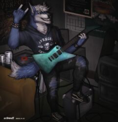  absurd_res acidwuff amplifier anthro avenged_sevenfold black_bracelet blue_body blue_fur bluu_foxx bottomwear bracelet can canid cheek_tuft clothed clothing container denim denim_bottomwear denim_clothing devil_horns_(gesture) facial_tuft fur gesture green_eyes grey_bottomwear grey_clothing grey_pants grey_topwear grin guitar hair hand_gesture hi_res holding_guitar holding_musical_instrument holding_object inside jeans jewelry male mammal master_of_puppets_(album) metallica musical_instrument narrowed_eyes neck_tuft pants plucked_string_instrument radioshack rocking_out short_hair sitting smile solo spiked_bracelet spikes string_instrument topwear torn_bottomwear torn_clothing torn_pants tuft white_body white_fur white_hair 