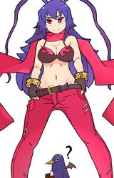  ? absurdres belt bikini bikini_top_only blue_hair breasts cleavage closed_mouth disgaea disgaea_d2 female fingerless_gloves gloves highres jewelry kami_koppu_(gerbera777) laharl laharl-chan long_hair looking_at_viewer navel pointy_ears prinny red_eyes red_scarf scarf simple_background smile swimsuit white_background 