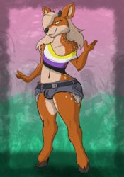  anthro baphomeat biped bottomwear brown_body brown_fur bulge clothing cloven_hooves crop_top cutoffs deer denim denim_bottomwear denim_clothing femboy fur hooves lgbt_pride male mammal midriff multicolored_clothing multicolored_crop_top multicolored_shirt multicolored_topwear nonbinary_(lore) nonbinary_pride_colors pride_color_clothing pride_color_crop_top pride_color_shirt pride_color_topwear pride_colors pupils shirt shorts solo thick_thighs topwear unguligrade wide_hips yellow_pupils 