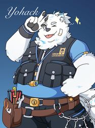  anthro bandage bandage_on_face belly belt blep canid canine canis clothing domestic_dog fur gayfur20 hi_res keyring lifewonders live_a_hero lock male mammal nordic_sled_dog one_eye_closed overweight samoyed screwdriver solo spitz tongue tongue_out tool_belt tools topwear vest white_body white_fur wink wrench yohack 