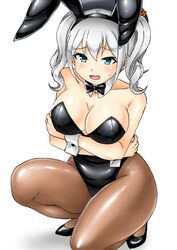  animal_ears beret black_leotard blue_eyes blush breasts brown_pantyhose cleavage collarbone detached_collar embarrassed fake_animal_ears female hat kantai_collection kashima_(kancolle) kudou_(ooabareteng) large_breasts leotard long_hair looking_at_viewer open_mouth pantyhose playboy_bunny rabbit_ears rabbit_tail simple_background solo strapless strapless_leotard tail twintails wavy_hair white_background 