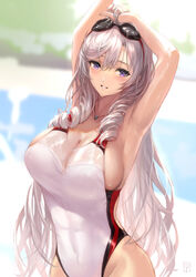  algerie_(azur_lane) alternate_costume arm_behind_head arms_up azur_lane blurry blurry_background breasts competition_swimsuit covered_nipples drill_hair female goggles goggles_on_head grey_hair highres large_breasts long_hair looking_at_viewer mole mole_under_eye multicolored_clothes multicolored_swimsuit one-piece_swimsuit outdoors purple_eyes see-through_one-piece_swimsuit solo swimsuit taut_clothes taut_swimsuit twin_drills very_long_hair white_one-piece_swimsuit yoshiku_(oden-usagi) 