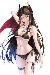  arknights arm_up bare_arms bare_shoulders bikini black_bikini bowlp breasts brown_hair cleavage commentary cowboy_shot female halterneck highres horns ines_(arknights) large_breasts long_hair navel revision side-tie_bikini_bottom skindentation solo standing stomach string_bikini swimsuit thigh_strap thighs very_long_hair yellow_eyes 