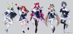  5girls ahoge animal_ears blue_eyes blue_hair bow bow_earrings bowtie brown_eyes brown_hair ceres_fauna commentary_request copyright_name copyright_notice dress earrings full_body gloves green_hair grey_background hair_between_eyes hair_intakes hakos_baelz hat high_heels holocouncil hololive hololive_english horns irys_(hololive) jewelry long_hair long_sleeves looking_at_viewer mouse_ears mouse_girl mouse_tail multiple_girls nanashi_mumei official_alternate_costume official_art one_eye_closed open_mouth ouro_kronii pantyhose pointy_ears red_hair short_hair simple_background smile tail thighhighs tobi_(kotetsu) tongue tree_horns twintails virtual_youtuber white_hair yellow_eyes zettai_ryouiki 