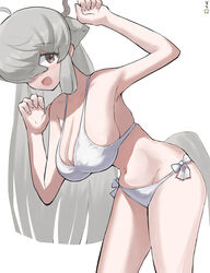  absurdres animal_ears bikini blush breasts brown_eyes extra_ears hair_over_one_eye highres kemono_friends kemono_friends_3 large_breasts looking_at_viewer navel one_eye_covered ox_ears ox_girl ox_horns simple_background smile swimsuit tail twintails white_background white_bikini yak_(kemono_friends) zuchi00 