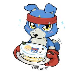  accessory anthro bandai_namco blue_body blue_fur blush boxing_gloves cake canid canine clothing dessert digimon digimon_(species) food fur gaomon handwear headband icing koma_ookami male mammal solo tail tail_motion tailwag yellow_eyes 