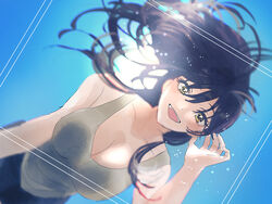  backlighting black_hair blush breasts brown_camisole camisole cleavage collarbone commentary female floating_hair hair_between_eyes highres idolmaster idolmaster_shiny_colors large_breasts looking_at_viewer paddy_field shirase_sakuya smile solo yellow_eyes 