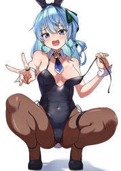  alternate_costume animal_ears bare_shoulders black_footwear black_leotard black_pantyhose blue_eyes blue_hair blue_necktie blush breasts commentary_request covered_navel detached_collar earrings eru_(l_illust45) fake_animal_ears fake_tail female fingernails fishnet_pantyhose fishnets furrowed_brow green_ribbons hair_between_eyes hair_ribbon hand_up highleg highleg_leotard highres hololive hoshimachi_suisei jewelry leotard long_hair looking_at_viewer medium_breasts nail_polish necktie open_mouth outstretched_arm pantyhose playboy_bunny rabbit_ears rabbit_tail ribbon ring shadow short_necktie side-tie_leotard side_ponytail simple_background single_earring smile solo spread_legs squatting star_(symbol) star_earrings star_in_eye symbol_in_eye tail thigh_strap v virtual_youtuber white_background white_wrist_cuffs wrist_cuffs yellow_nails 