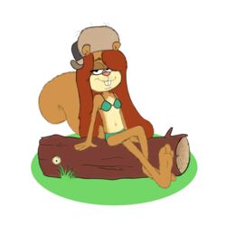  1:1 2021 3_toes 4_fingers absurd_res after_transformation alternate_species anthro barefoot bedroom_eyes bikini biped brown_body brown_fur brown_hair buckteeth clothing dandelion digital_drawing_(artwork) digital_media_(artwork) disney dumbochumbo ear_piercing feet female fingers flower fur grass gravity_falls green_bikini green_bikini_bottom green_bikini_top green_clothing green_grass green_swimwear hair hi_res leather_helmet log long_hair looking_at_viewer mammal mouth_closed narrowed_eyes navel nickelodeon piercing pink_nose plant rodent sandy_cheeks sciurid seductive simple_background sitting_on_log sitting_on_object smile solo spongebob_squarepants squirrel_tail swimwear teeth toes tree_squirrel wendy_corduroy white_background wood 