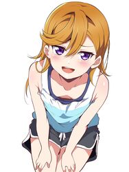  bare_shoulders black_shorts blue_tank_top blush borgbutler breasts cleavage collarbone commentary_request dolphin_shorts female hair_between_eyes hands_on_own_thighs highres leaning_forward long_hair looking_at_viewer love_live! love_live!_superstar!! open_mouth orange_hair purple_eyes round_teeth shibuya_kanon shirt shorts simple_background sleeveless sleeveless_shirt small_breasts solo tank_top teeth tongue two-tone_shirt upper_body upper_teeth_only white_background white_tank_top 