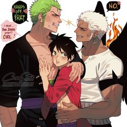  +_+ 3boys alternate_hair_color anger_vein angry bara between_pectorals black_coat black_hair black_pants boy_sandwich clenched_teeth coat colored_skin commentary crezz_(infj_crezz) dark-skinned_male dark_skin dual_persona earrings english_text face_to_pecs grabbing green_hair half-closed_eyes haramaki head_between_pecs highres jewelry male_focus mature_male monkey_d._luffy multiple_boys one_piece pants pectoral_cleavage pectoral_grab pectorals red_shirt roronoa_zoro sandwiched shirt simple_background single_earring spoken_anger_vein symbol-only_commentary tan teeth white_background white_hair white_shirt white_skin yaoi 