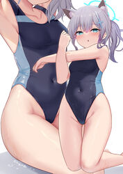  animal_ear_fluff animal_ears armpits bare_arms bare_legs bare_shoulders black_one-piece_swimsuit blue_archive blue_eyes blue_halo breasts collarbone commentary competition_swimsuit cross-body_stretch cross_hair_ornament extra_ears female grey_hair groin hair_ornament halo highres medium_breasts milkshakework multiple_views one-piece_swimsuit open_mouth ponytail shiroko_(blue_archive) shiroko_(swimsuit)_(blue_archive) simple_background swimsuit white_background wolf_ears 