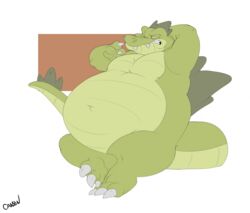  anthro belly big_belly canson claws crocodile crocodilian crocodylid crossed_legs feet hand_behind_head hi_res leaning leaning_backward lying male narrowed_eyes on_back overweight overweight_anthro overweight_male relaxing reptile scalie simple_background solo squint tail teeth 