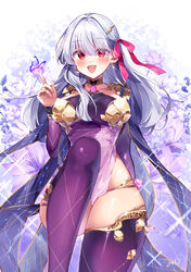  :d absurdres armlet armor bare_shoulders bikini_armor blush bracelet breasts bug butterfly butterfly_on_hand circlet collar commentary detached_sleeves dress earrings fate/grand_order fate_(series) female floral_print flower grey_hair hair_ornament hair_ribbon hairclip highres index_finger_raised jewelry kama_(fate) kama_(second_ascension)_(fate) large_breasts long_hair looking_at_viewer metal_collar misaki346 narrow_waist open_mouth pelvic_curtain purple_dress purple_sleeves purple_thighhighs red_eyes ribbon ring shorts side_slit side_slit_shorts smile solo sparkle thighhighs thighlet thighs wide_hips 