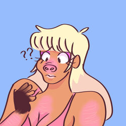  1:1 2018 blonde_hair blue_background bra breasts changing_color cleavage clothed clothing digital_drawing_(artwork) digital_media_(artwork) domestic_pig eyeshadow female flamesdames hair hi_res human humanoid hybrid long_hair looking_down makeup mammal mid_transformation mouth_closed pig_nose pink_body pink_bra pink_clothing pink_skin pink_underwear purple_eyeshadow question_mark simple_background solo suid suina sus_(pig) tan_body tan_skin transformation underwear 