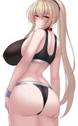  ass ass_focus bare_shoulders belt_collar black_sports_bra blonde_hair blush breasts collar commentary_request covered_nipples female highres huge_breasts kubiwa_(kutan) kutan long_hair looking_at_viewer looking_back midriff original ponytail red_collar red_eyes solo sports_bra thong two-tone_sports_bra wristband 