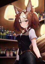  animal_ear_fluff animal_ears bell belt black_gloves black_pants black_vest blush braid breasts brown_belt brown_hair buttons collared_shirt cowboy_shot female fox_ears fox_girl fox_tail gloves hair_ribbon highres indoors looking_at_viewer medium_breasts multicolored_hair neck_bell pants red_eyes ribbon sekka_(shadowverse) shadowverse shirt short_hair solo streaked_hair tail twintails vest white_hair white_shirt yan_kodiac 