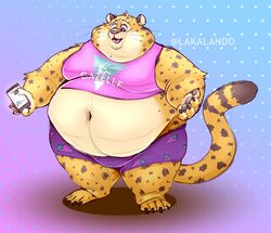  anthro belly benjamin_clawhauser big_belly biped cellphone cheetah clothed clothing disney electronics felid feline hi_res holding_object holding_phone lakalando male mammal moobs navel obese obese_anthro obese_male overweight overweight_anthro overweight_male phone shirt solo tail topwear zootopia 