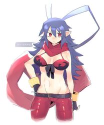  artist_request belt bikini bikini_top_only blue_hair bracelet breasts character_name closed_mouth disgaea disgaea_d2 female fingerless_gloves genderswap_(mtf) gloves groin hair_between_eyes jewelry laharl laharl-chan large_breasts long_hair looking_at_viewer navel pointy_ears red_eyes rule_63 scarf simple_background solo swimsuit very_long_hair white_background 