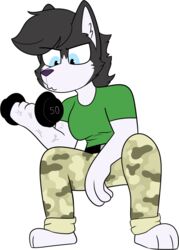  2017 3_toes 4_fingers alpha_channel anthro athletic athletic_anthro athletic_female barefoot bicep_curl biped black_belt black_body black_ears black_eyebrows black_fur black_hair black_pupils black_tuft blue_eyes bottomwear breasts camo camo_bottomwear camo_clothing camo_pants camo_print canid canine canis chokovit_(artist) clothed clothed_anthro clothed_female clothing colored countershade_face countershading desilu_brawl digital_drawing_(artwork) digital_media_(artwork) domestic_dog dumbbell eyebrow_through_hair eyebrows feet female female_anthro fingers front_view full-length_portrait fur glistening glistening_eyes green_bottomwear green_clothing green_pants green_shirt green_topwear hair hi_res holding_dumbbell husky looking_down mammal nordic_sled_dog number pants pattern_bottomwear pattern_clothing pattern_pants portrait pupils purple_nose shirt simple_background sitting solo spitz text toes topwear translucent translucent_hair transparent_background tuft vein weights white_body white_countershading white_fur white_inner_ear white_text 