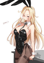  alternate_costume animal_ears black_leotard black_pantyhose blonde_hair blue_eyes bow bowtie breasts coffee covered_navel desk detached_collar drink fake_animal_ears female highres hornet_(kancolle) kantai_collection large_breasts leotard long_hair looking_at_viewer pantyhose playboy_bunny rabbit_ears rabbit_tail shirt sitting solo strapless strapless_leotard tail tetsukuzu_(yajirushi_shita) traditional_bowtie twitter_username wrist_cuffs 