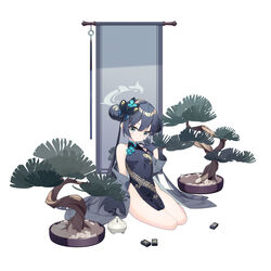  absurdres aiee black_gloves black_hair blue_archive blush bonsai braid braided_bun breasts china_dress chinese_clothes closed_mouth coat double_bun dragon_print dress female gloves grey_eyes hair_bun halo highres incense_burner kisaki_(blue_archive) long_hair looking_at_viewer mahjong mahjong_tile off_shoulder pelvic_curtain side_slit sidelocks simple_background sitting sleeveless sleeveless_dress small_breasts solo striped striped_coat vertical-striped_coat white_background 