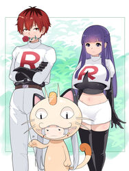  1boy 2girls :3 alternate_costume belt black_gloves black_thighhighs breasts brown_belt closed_eyes closed_mouth commentary cosplay costume cropped_shirt crossed_arms earrings elf english_commentary fern_(sousou_no_frieren) flower flower_in_mouth frieren gloves highres james_(pokemon) james_(pokemon)_(cosplay) jessie_(pokemon) jessie_(pokemon)_(cosplay) jewelry large_breasts leaf long_hair long_sleeves looking_at_viewer meowth meowth_(cosplay) multiple_girls navel pants pointy_ears pokemon pokemon_(anime) purple_eyes purple_hair red_eyes red_flower red_hair red_rose rose shirt skirt sousou_no_frieren stark_(sousou_no_frieren) sumisumii team_rocket team_rocket_uniform thighhighs white_hair white_pants white_shirt white_skirt 