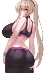  ass ass_focus bare_shoulders belt_collar bike_shorts black_sports_bra blonde_hair blush breasts collar commentary_request covered_nipples female highres huge_breasts kubiwa_(kutan) kutan long_hair looking_at_viewer looking_back midriff original ponytail purple_sports_bra red_collar red_eyes solo sports_bra two-tone_sports_bra wristband 