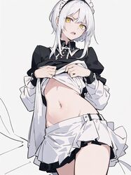  ai-generated anatomical_nonsense apron breasts clothes_lift collared_shirt commentary_request cowboy_shot female groin hidari0906 highres lifting_own_clothes light_blush long_sleeves looking_at_viewer maid maid_headdress navel original shirt sidelocks simple_background small_breasts solo teeth thighs underboob upper_teeth_only white_apron white_background white_hair yellow_eyes 